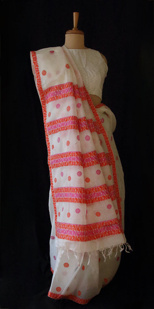 White Handloom Cotton Silk Saree from Assam