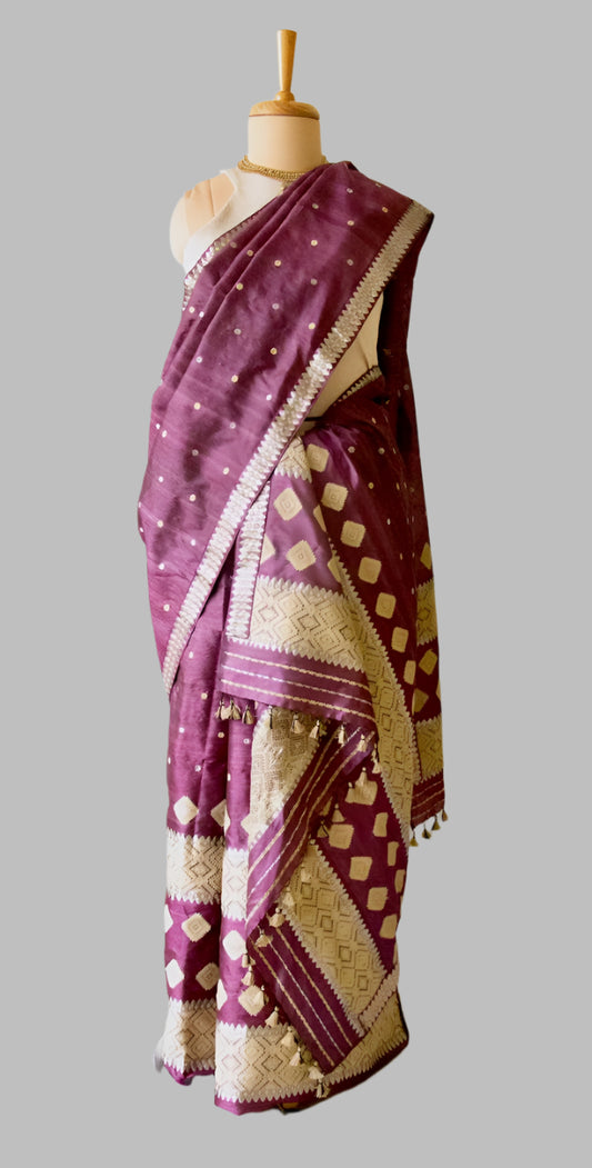 Wine Colour  Tassar Silk & Mulberry Silk  Mekhla Chador Set