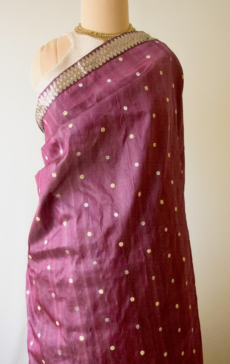 Wine Colour  Tassar Silk & Mulberry Silk  Mekhla Chador Set