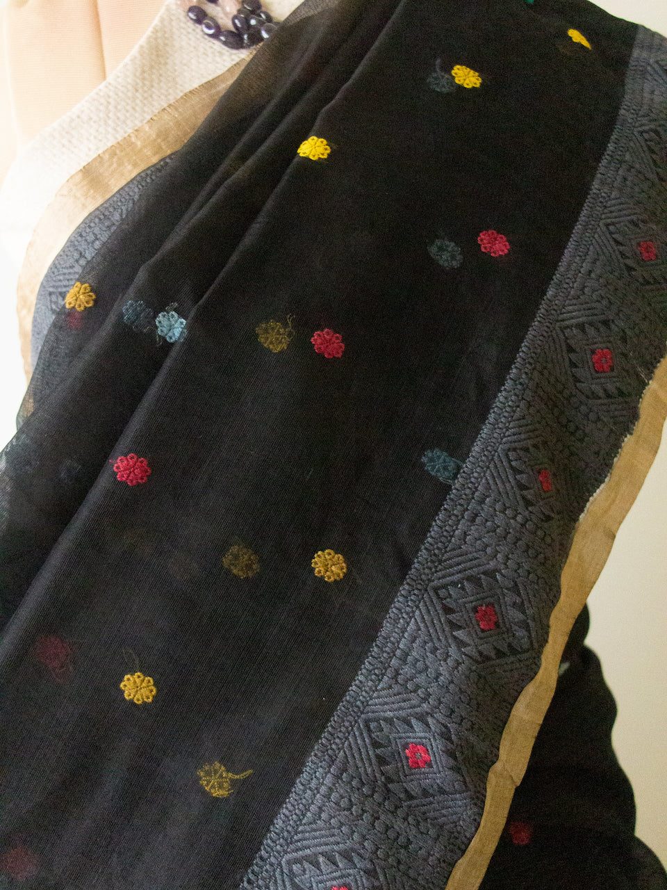 Natural Dyed Black Handloom Organza Silk Sari From Assam