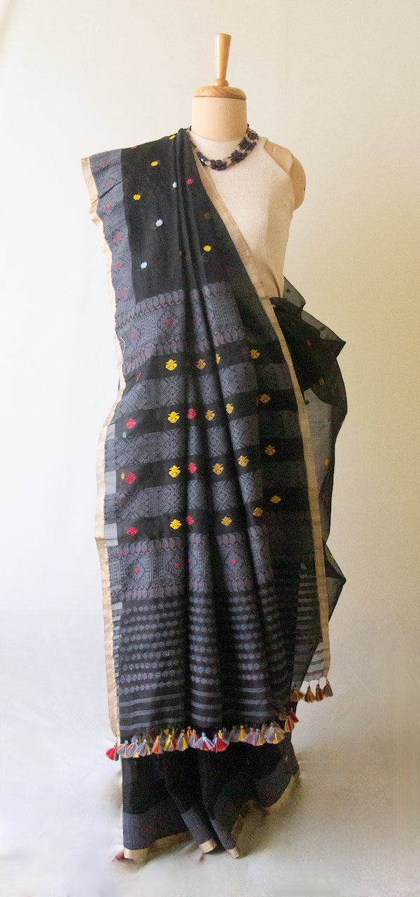 Natural Dyed Black Handloom Organza Silk Sari From Assam