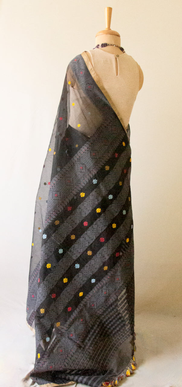Natural Dyed Black Handloom Organza Silk Sari From Assam