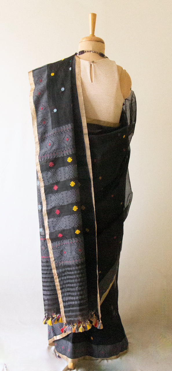 Natural Dyed Black Handloom Organza Silk Sari From Assam