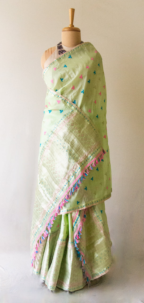 Pista Green Traditional Mekhela Sador Set from Assam korobidesign