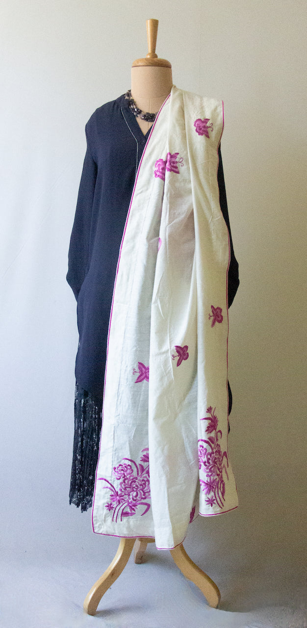 Pure Silk Dupatta / Wrap with Hand Embroidered Parsi embroidery