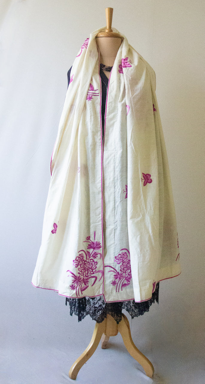 Pure Silk Dupatta / Wrap with Hand Embroidered Parsi embroidery