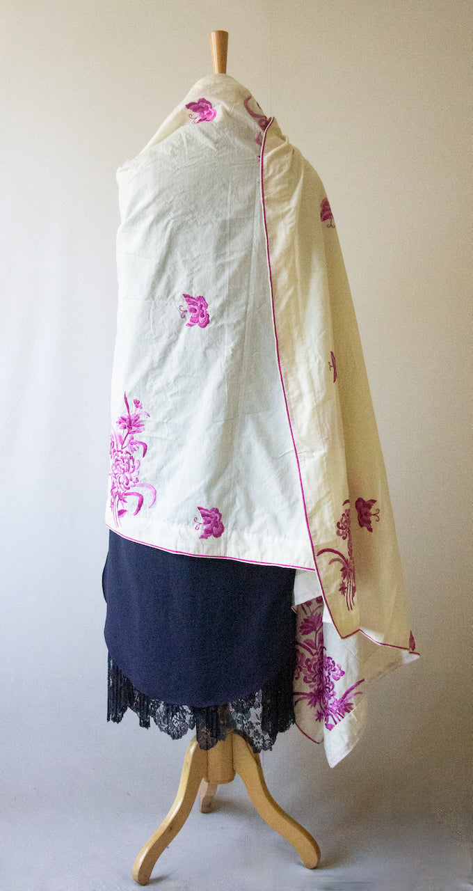 Pure Silk Dupatta / Wrap with Hand Embroidered Parsi embroidery