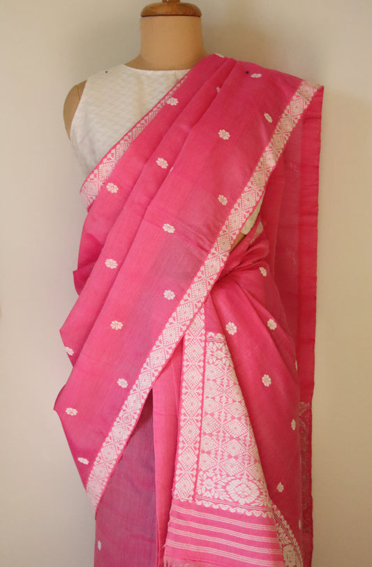 Pink Cotton Silk Handloom Mekhela Chador Set from Assam