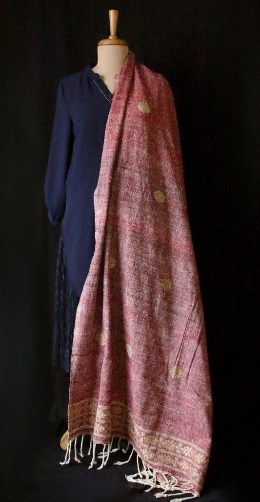Extra Large Handwoven Maroon Hand Spun Eri Silk Shawl From Assam