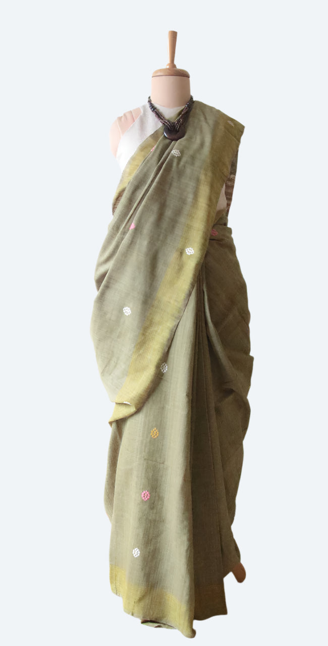 Handwoven Soft Green Natural Dyed Eri Silk Sari from Assam