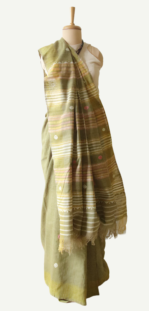 Handwoven Soft Green Natural Dyed Eri Silk Sari from Assam