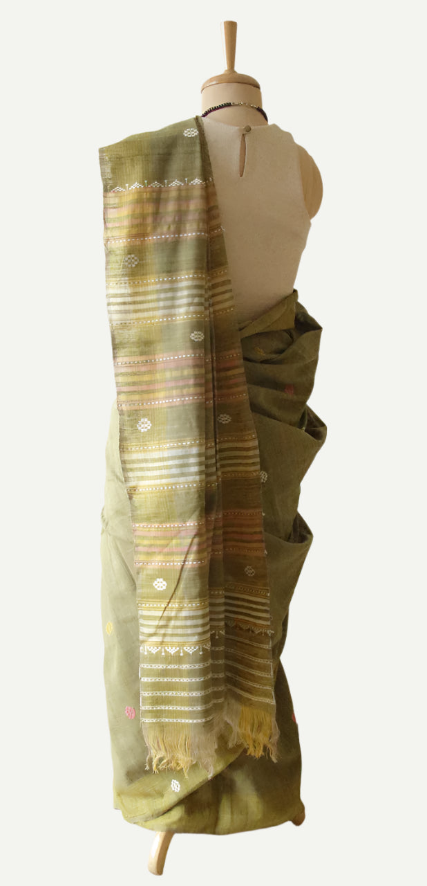 Handwoven Soft Green Natural Dyed Eri Silk Sari from Assam