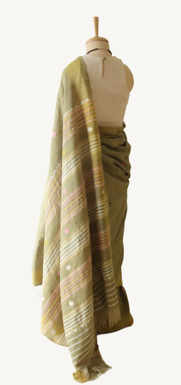 Handwoven Soft Green Natural Dyed Eri Silk Sari from Assam