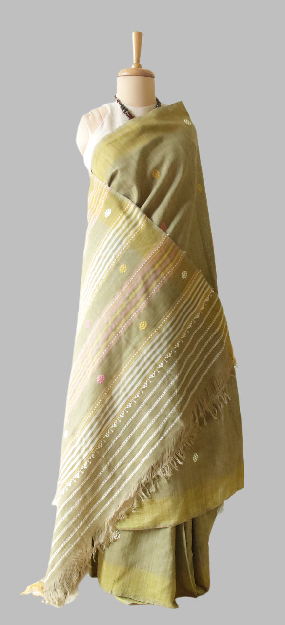 Handwoven Soft Green Natural Dyed Eri Silk Sari from Assam