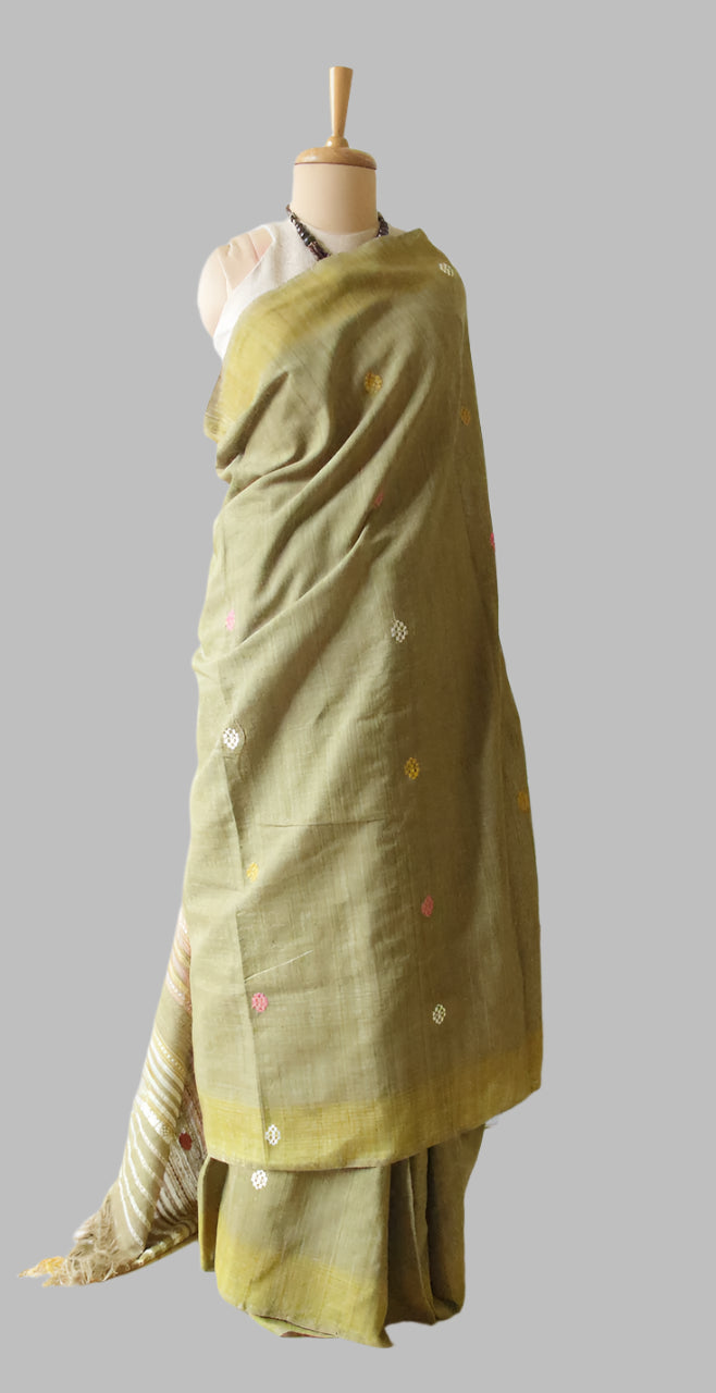Handwoven Soft Green Natural Dyed Eri Silk Sari from Assam