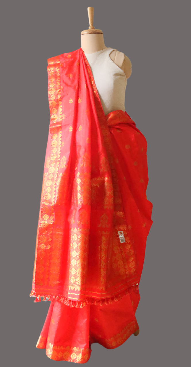 Red Orange Colour Handloom Mulberry Silk Saree from Assam