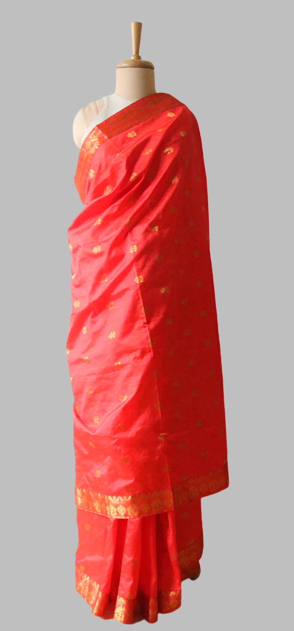 Red Orange Colour Handloom Mulberry Silk Saree from Assam