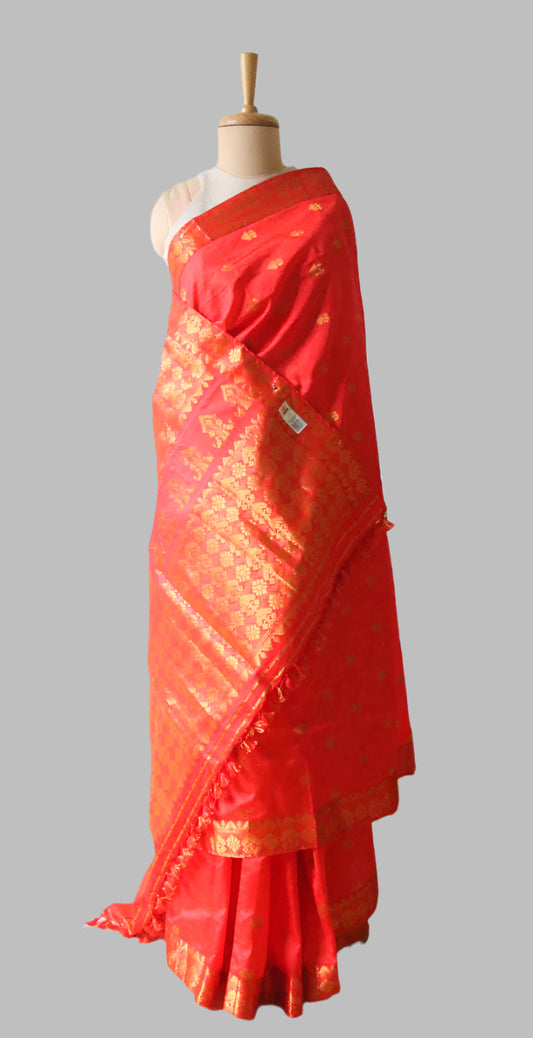 Red Orange Colour Handloom Mulberry Silk Saree from Assam