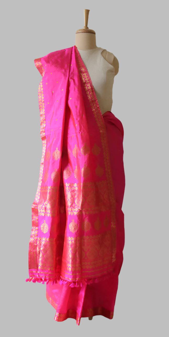 Dark Pink Colour Handloom Mulberry Silk Saree from Assam
