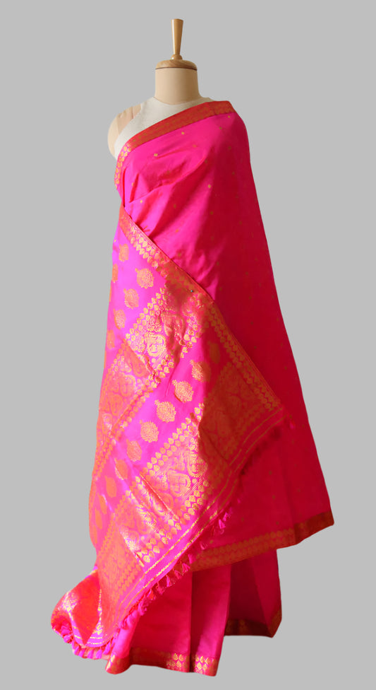 Dark Pink Colour Handloom Mulberry Silk Saree from Assam