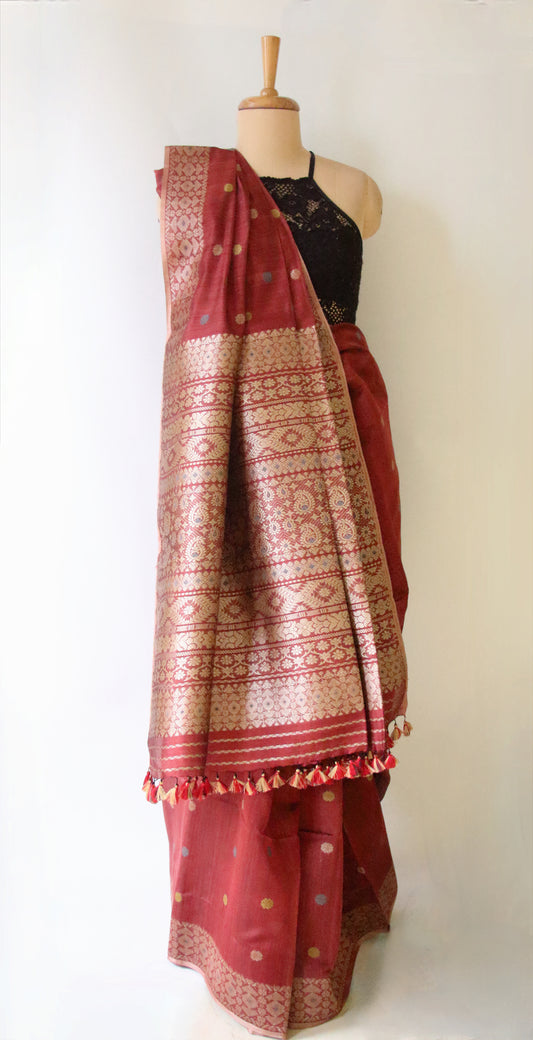 Natural Dyed Maroon Handloom Silk Saree from Assam