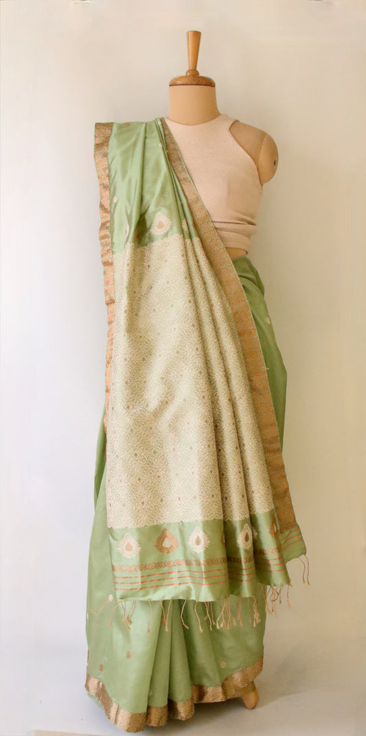Pista Green Handloom Silk Saree from Assam