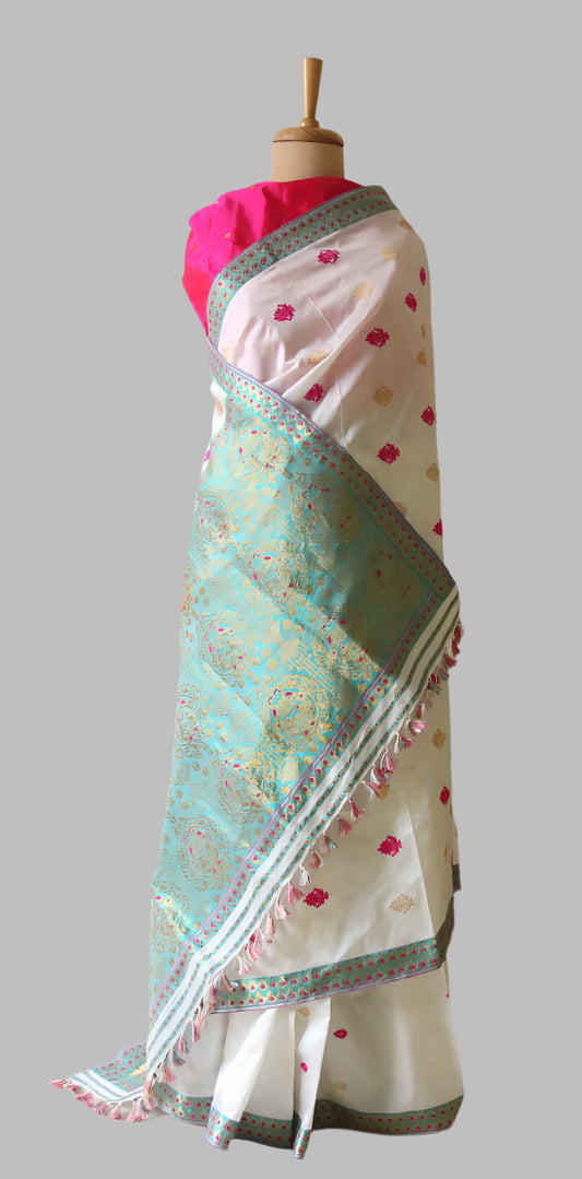 Natural White with Contrast Blouse Handloom Mulberry Silk Saree - Made to Order