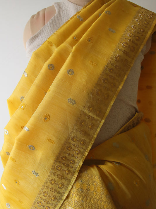 Yellow Natural Dyed Traditional Handloom Mulberry Silk Mekhla Chador Set from Assam