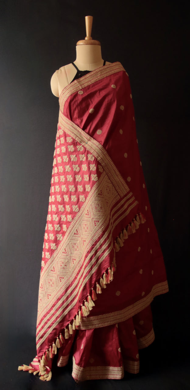 Deep Maroon Handloom Silk Saree from Assam -Made To Order