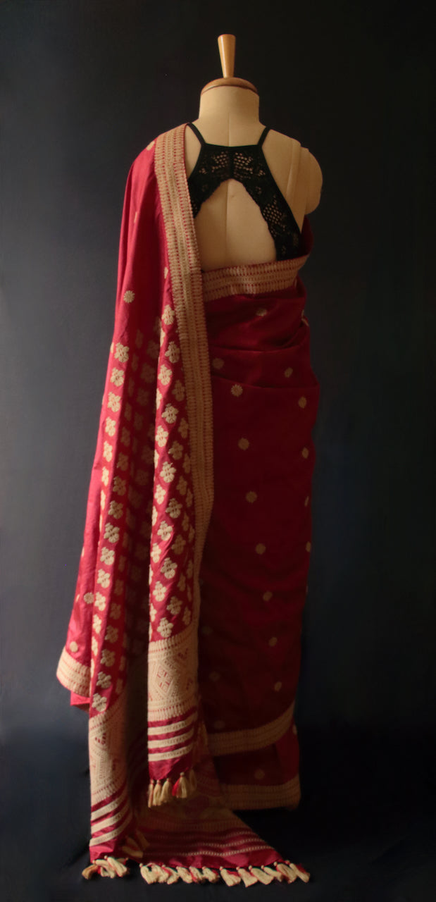 Deep Maroon Handloom Silk Saree from Assam -Made To Order