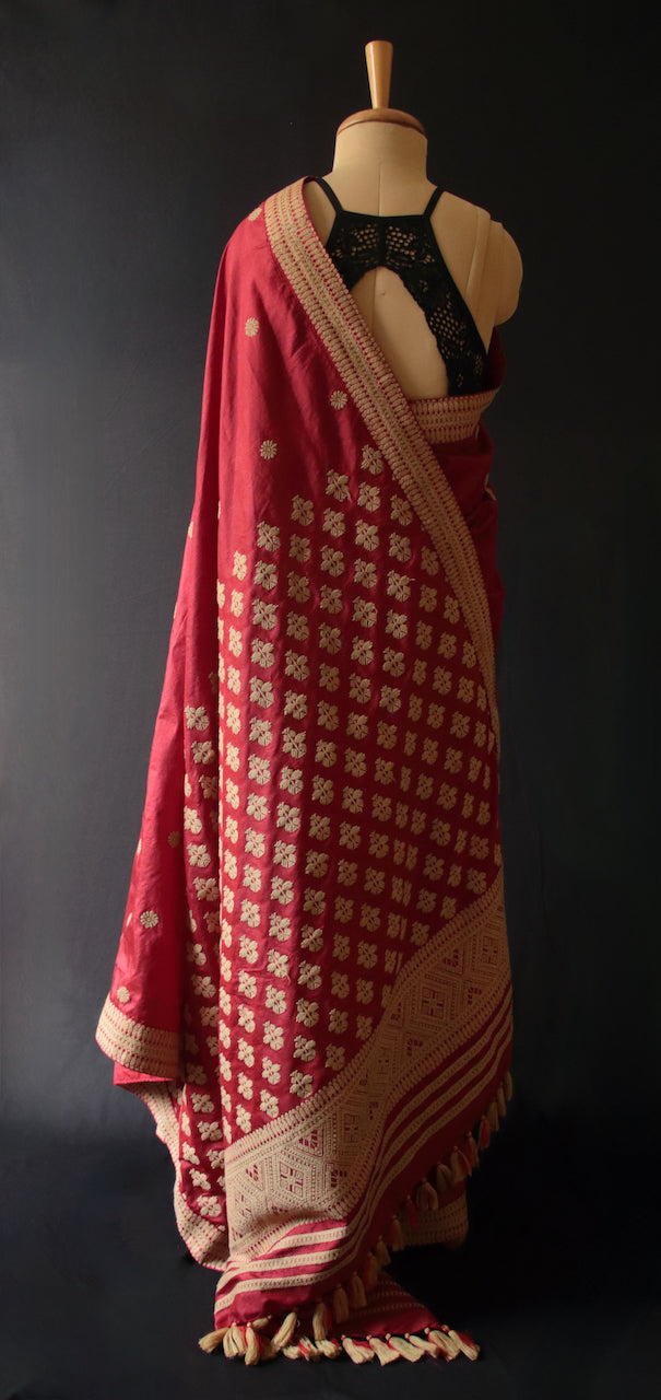 Deep Maroon Handloom Silk Saree from Assam -Made To Order