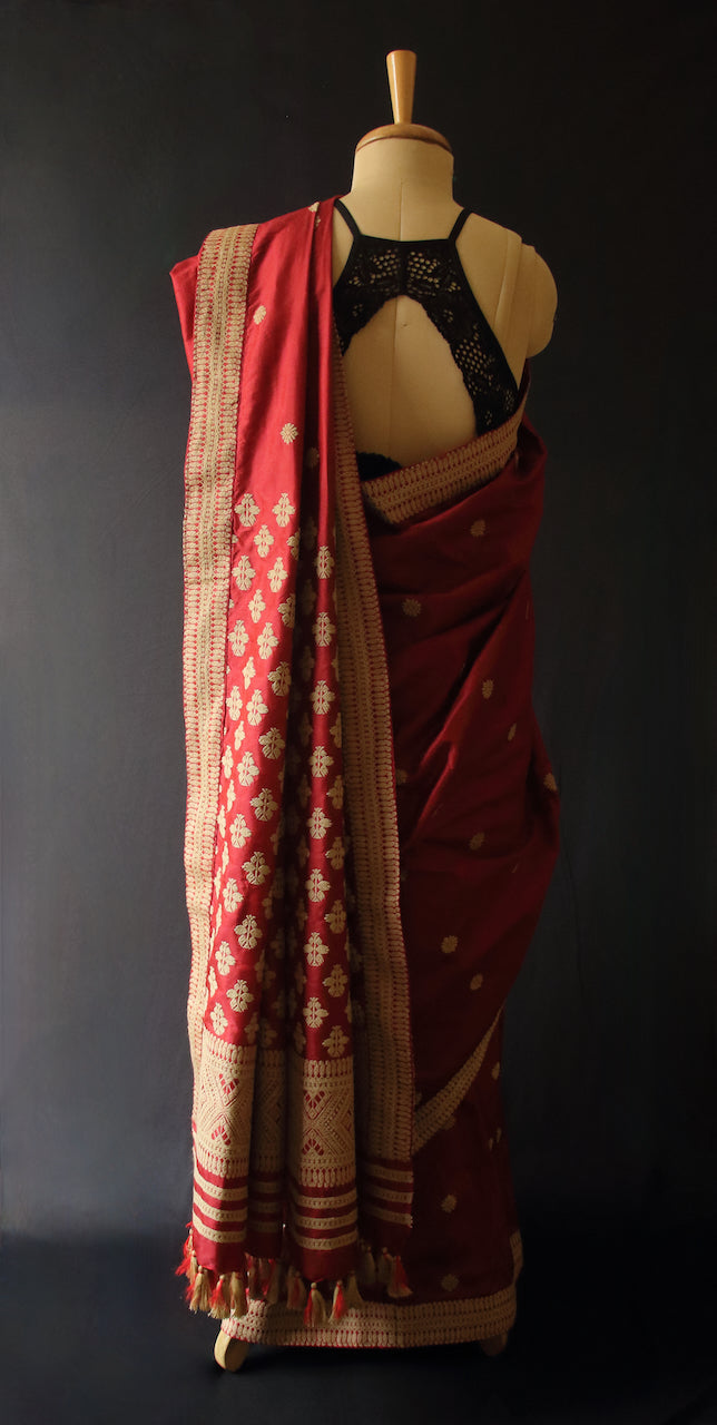 Deep Maroon Handloom Silk Saree from Assam -Made To Order