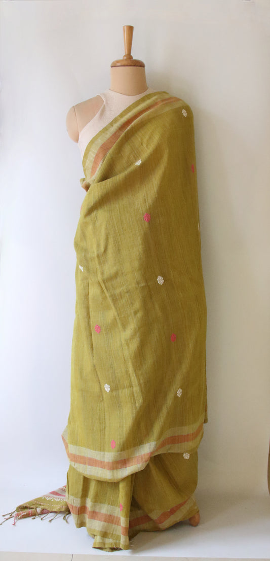 Handwoven Green colour Natural Dyed Eri Silk Sari from Assam