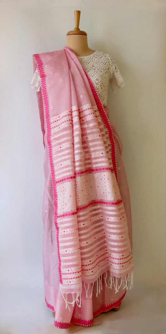 Soft Pink Handloom Cotton Silk Saree from Assam