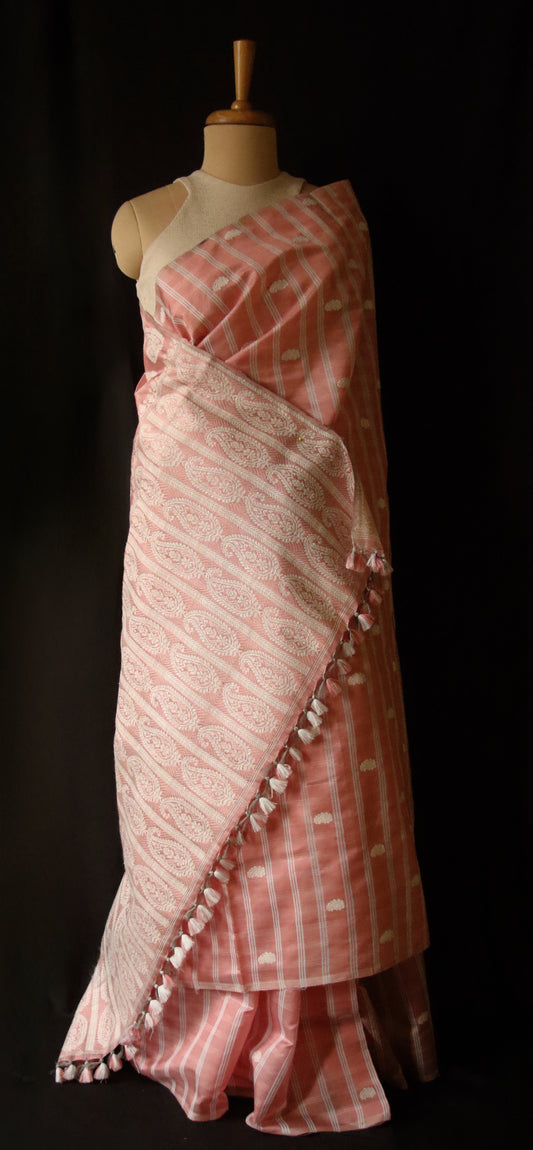 Peach Handloom Silk Saree with chequered effect from Assam