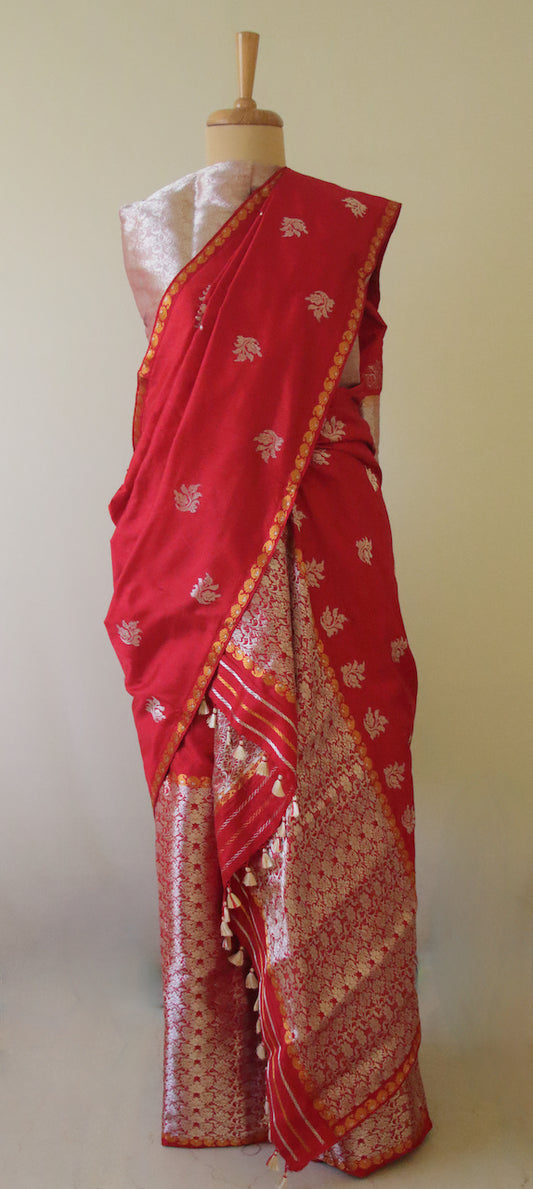 Red and Silver Mulberry Silk Mekhela Chador Set- Made to order