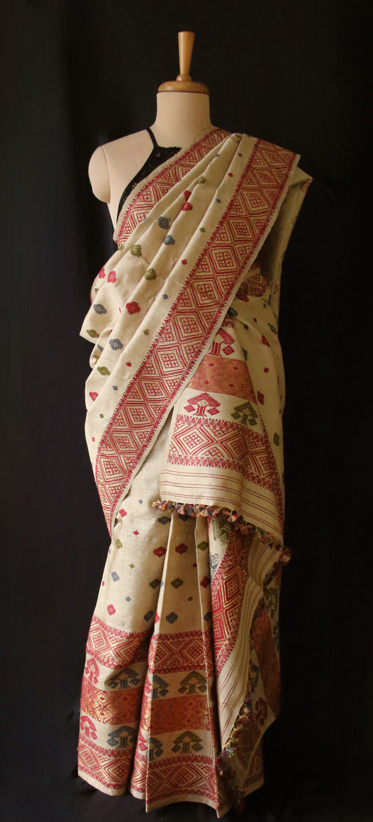 Authentic Muga Silk Traditional Design Mekhela Chador Set from Assam