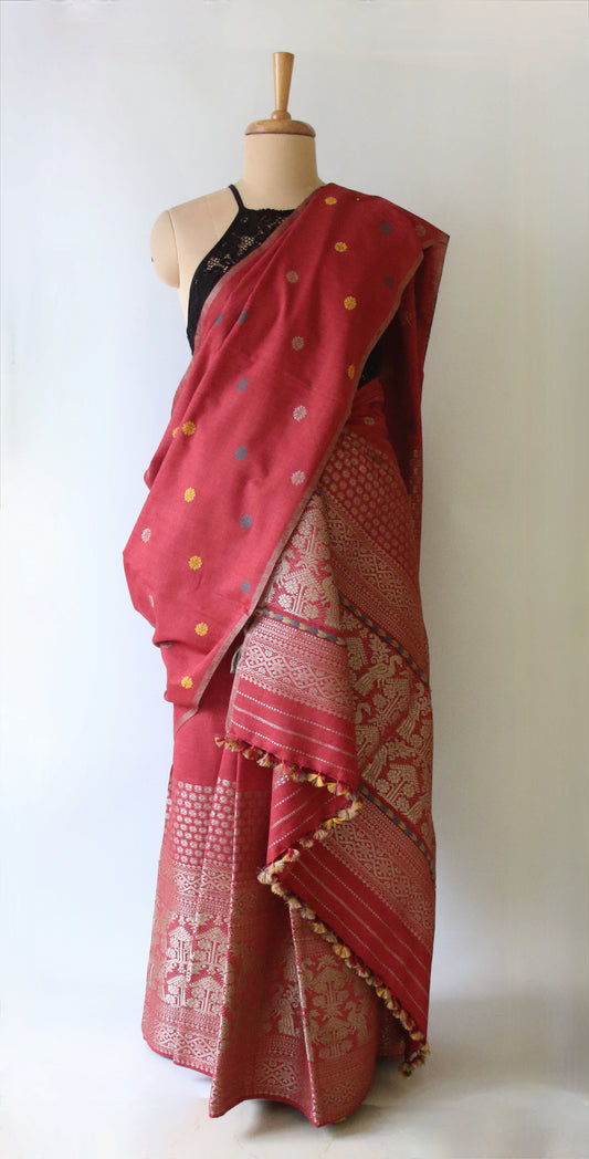 Maroon Narural Dyed Eri Silk Traditional Mekhela Chador Set from Assam