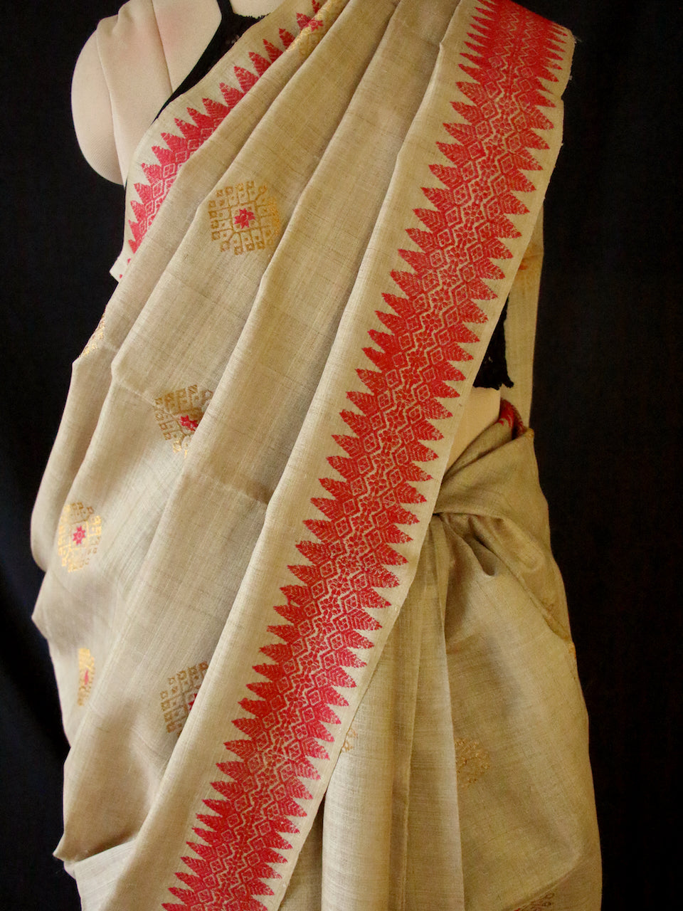 Muga Silk Sari with golden zari and Eri Silk motifs from Assam