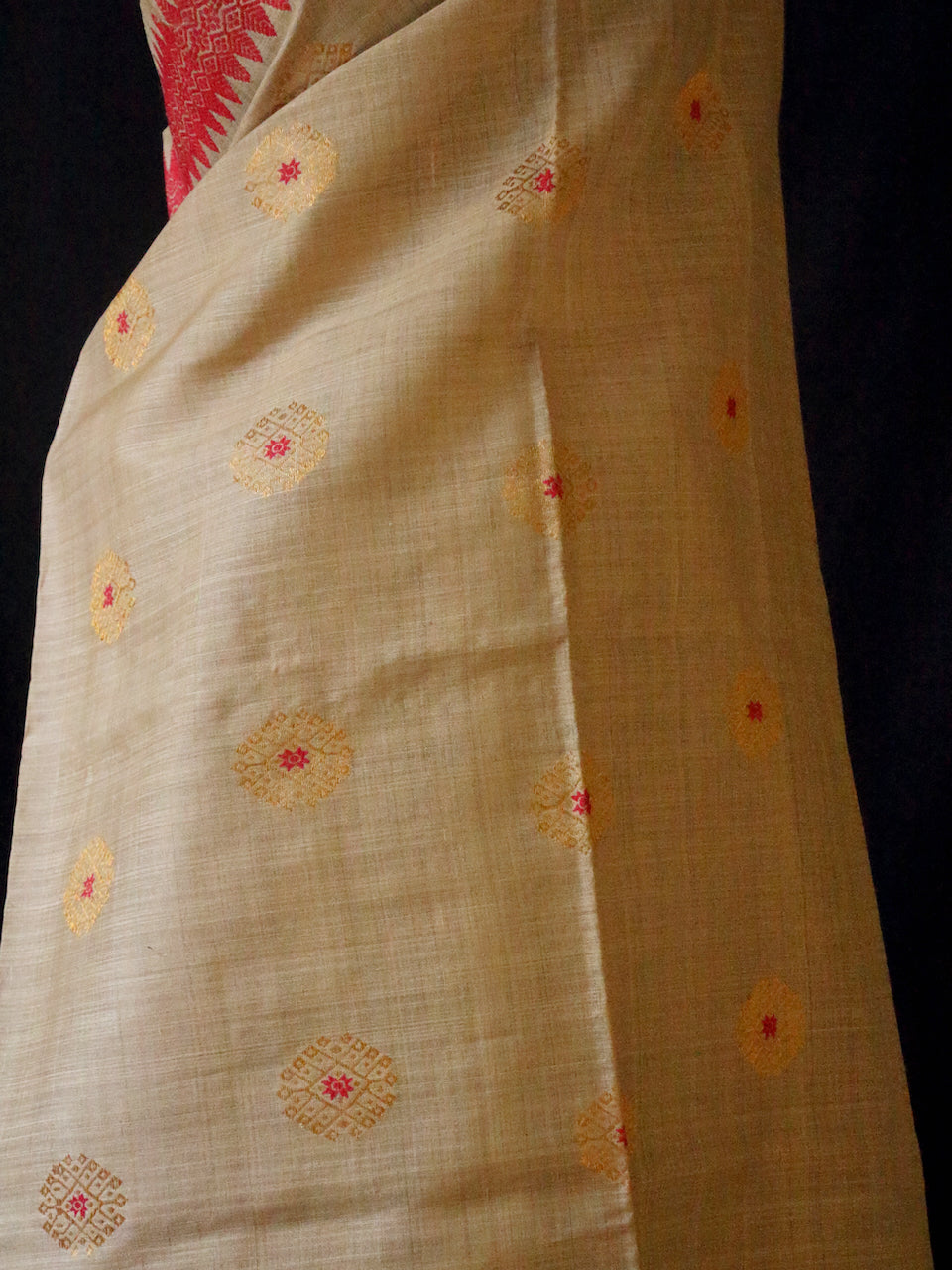 Muga Silk Sari with golden zari and Eri Silk motifs from Assam