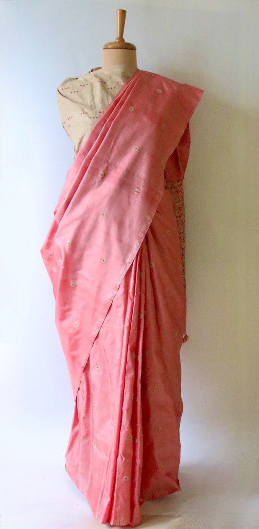Pink Natural Dyed Handloom Mulberry Silk Saree With Contrast Blouse