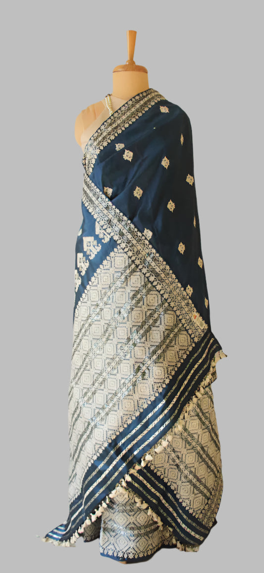 Prussian Blue Mulberry Silk Mekhla Chador Set- Made to order
