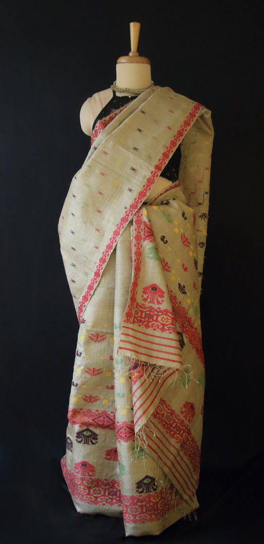 Authentic Muga Silk Traditional Design Mekhela Chador Set- Made to order