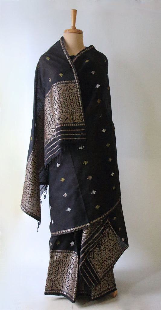 Dark Grey Cotton Silk Handloom Mekhela Chador Set from Assam