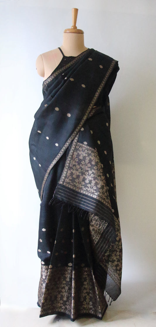 Black Cotton Silk Handloom Mekhela Chador Set from Assam