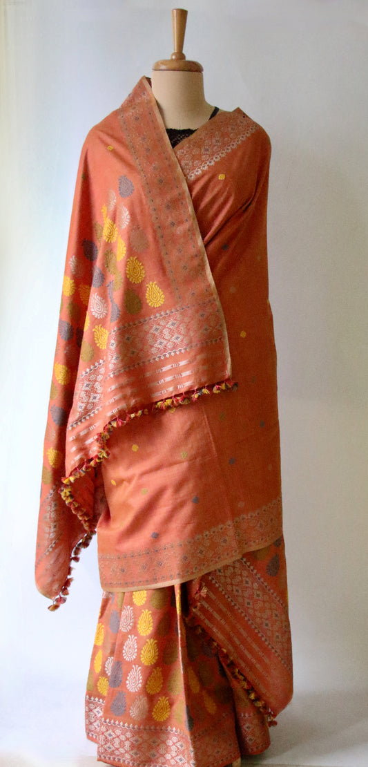 Soft Orange Narural Dyed Eri Silk Mekhela Chador Set from Assam