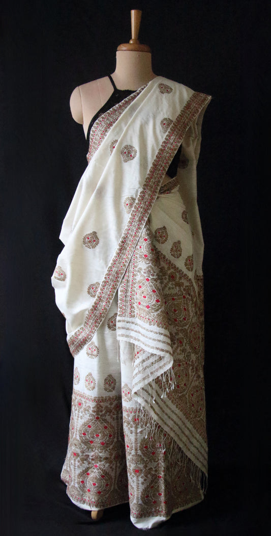 Handloom Natural Off White Eri Silk by Mulberry Silk Mekhela Chador Set