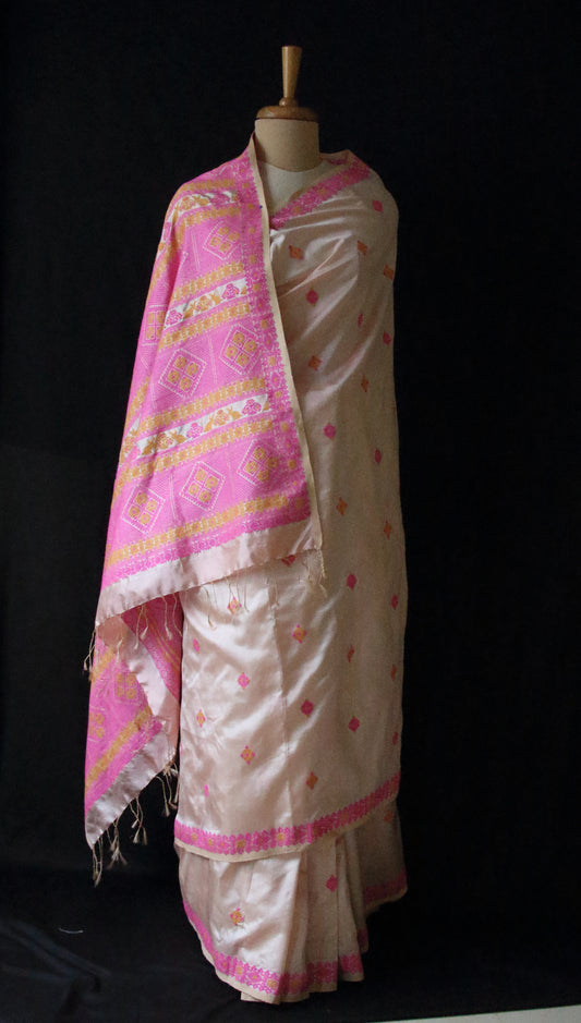 Soft Pink Peach Colour Handloom Silk Saree from Assam