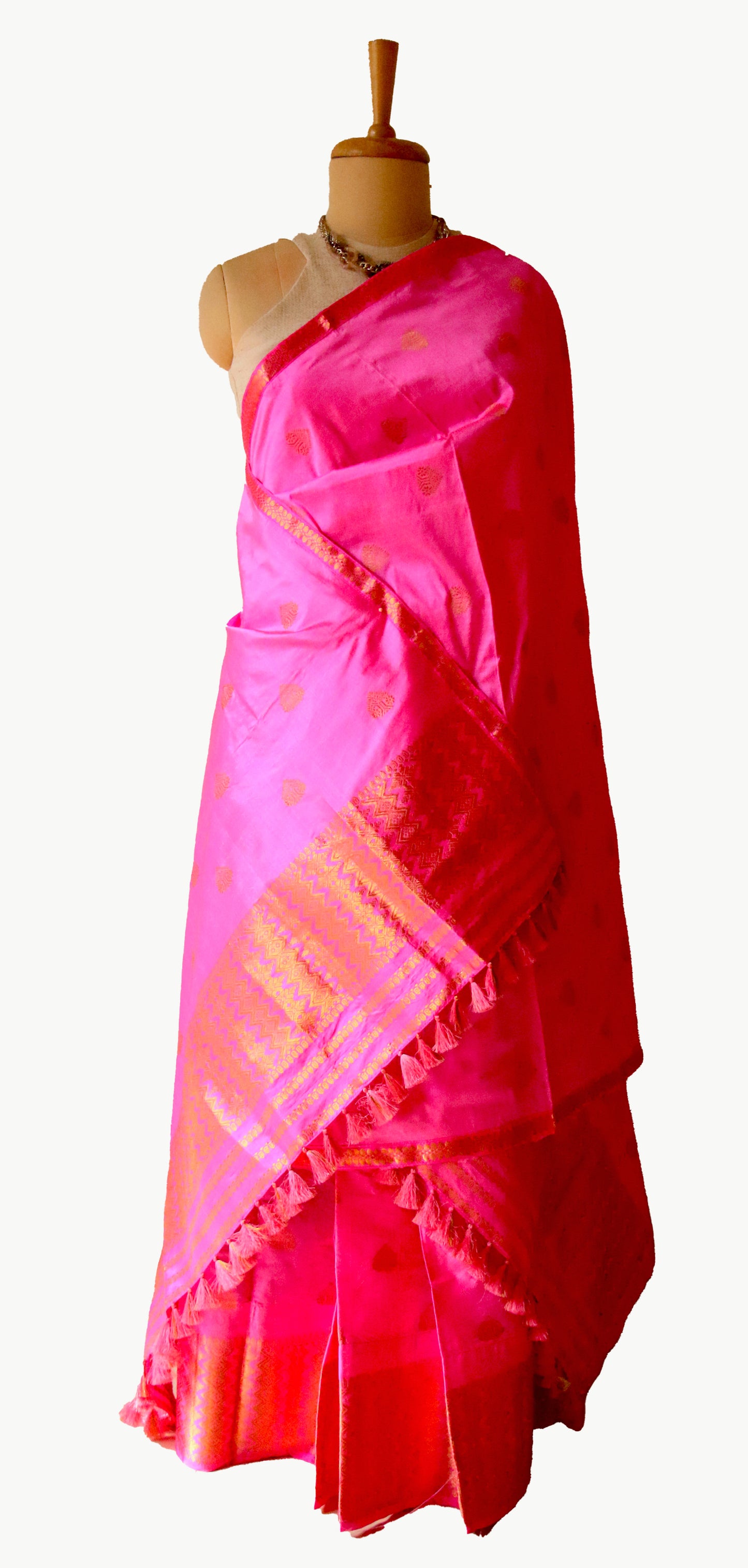 Bright Pink Mulberry Silk Mekhela Chador Set