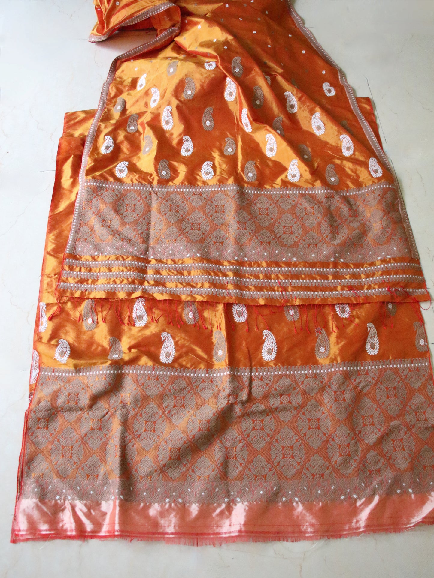 Orange Handloom Mulberry Silk Mekhla Chador Set